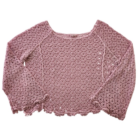 POL Clothing Sweaters - POL Clothing Pink Crochet knit Floral Medallion Top Shirt Bell Sleeve Med Large